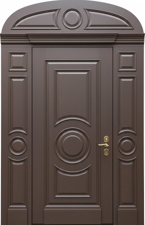 Парадная входная группа с терморазрывом, арочной фрамугой, карнизом и панелями МДФ с багетом