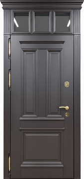 Металлическая коттеджная термодверь с остекленной фрамугой, карнизом и панелями МДФ с багетной раскладкой Металлическая коттеджная термодверь с остекленной фрамугой, карнизом и панелями МДФ с багетной раскладкой